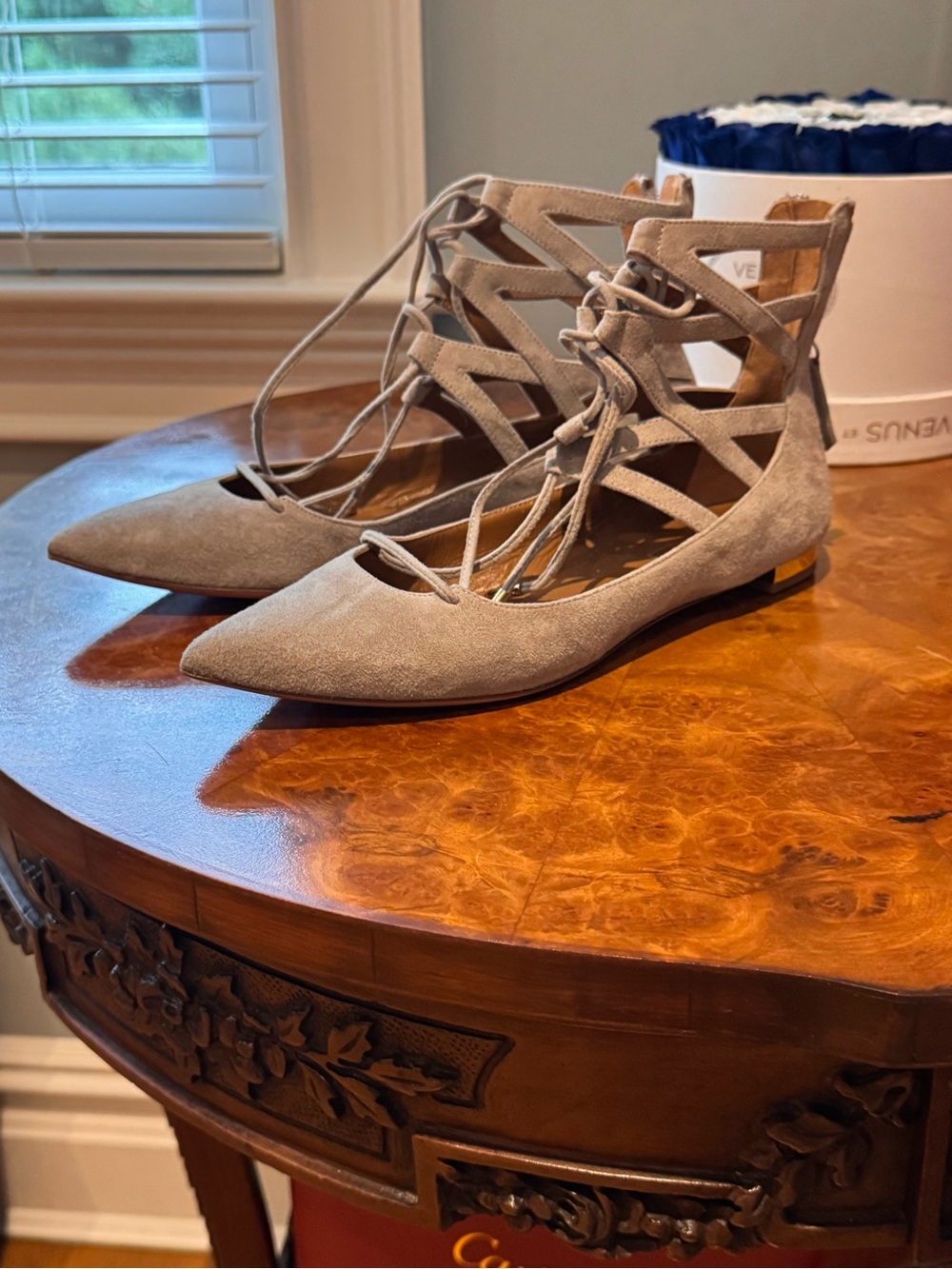 Aquazzura Lace-Up Pointed Toe Suede Sandals in Taupe